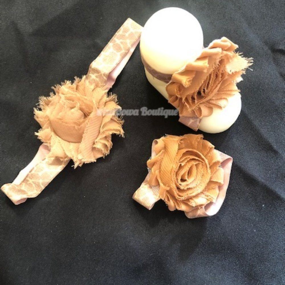 Brown Giraffe Shabby Flower Barefoot Sandal & Headband  Handmade 5SET128 NWT
